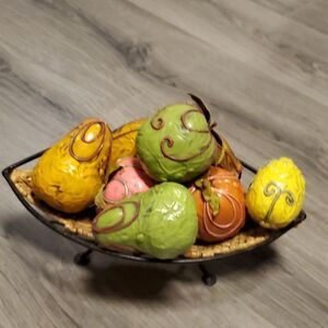 Vintage Sm Rod Iron & Wicker Basket w/Vintage 7 Pieces of Fruit